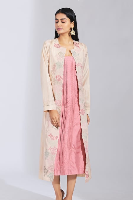 Buy Pink Silk Embroidery Cape Round Dress Asymmetric And Jacket Set For  Women by Vara by Vibha n Priti Online at Aza Fashions.