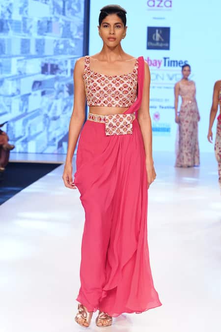 Shop_Diyarajvvir_Pink Square Neck Draped Pant Saree Set _at_Aza_Fashions