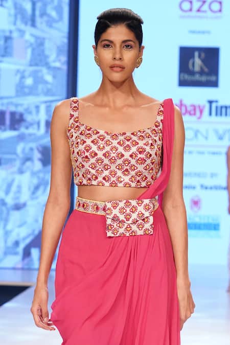 Diyarajvvir Pink Square Neck Draped Pant Saree Set Online at Aza Fashions Diyarajvvir_Pink Square Neck Draped Pant Saree Set _Online_at_Aza_Fashions