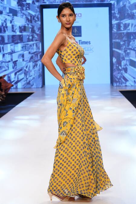 Diyarajvvir_Yellow Square Neck Printed Jumpsuit With Jacket _Online_at_Aza_Fashions