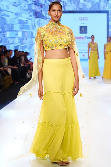 Diyarajvvir_Yellow Blouse U Neck Cape High Collar Embroidered Lehenga Set _Online_at_Aza_Fashions