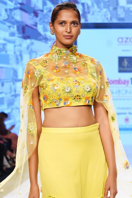 Buy_Diyarajvvir_Yellow Blouse U Neck Cape High Collar Embroidered Lehenga Set _Online_at_Aza_Fashions