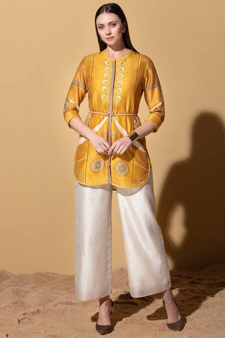 Ampm_Yellow Chanderi Shirt Tunic_Online_at_Aza_Fashions