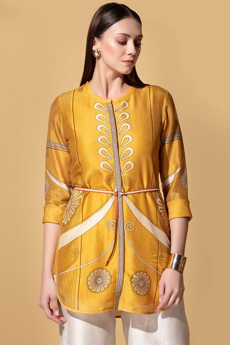 Shop_Ampm_Yellow Chanderi Shirt Tunic_Online_at_Aza_Fashions