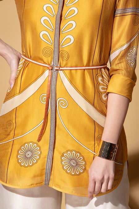 Ampm_Yellow Chanderi Shirt Tunic_at_Aza_Fashions