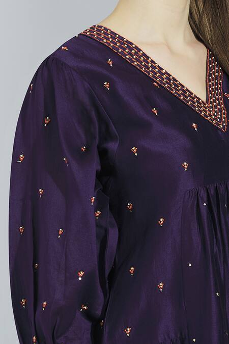 Shop_Poonam Dubey_Purple Chanderi Silk V Neck Kurta Palazzo Set _Online_at_Aza_Fashions