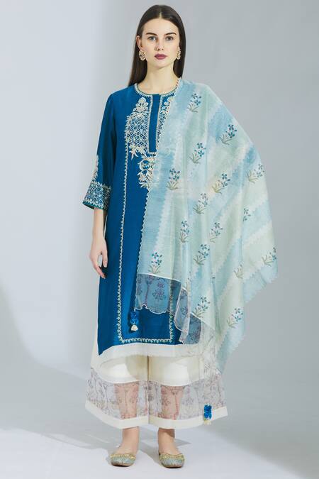Poonam Dubey_Blue Chanderi Silk Round Kurta Palazzo Set _Online_at_Aza_Fashions