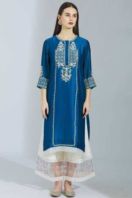 Buy_Poonam Dubey_Blue Chanderi Silk Round Kurta Palazzo Set _Online_at_Aza_Fashions