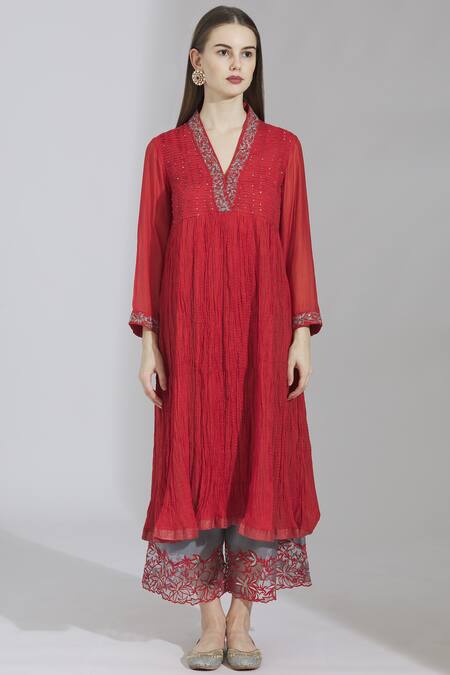 Buy_Poonam Dubey_Red Chanderi Silk V Neck Kurta Palazzo Set _Online_at_Aza_Fashions