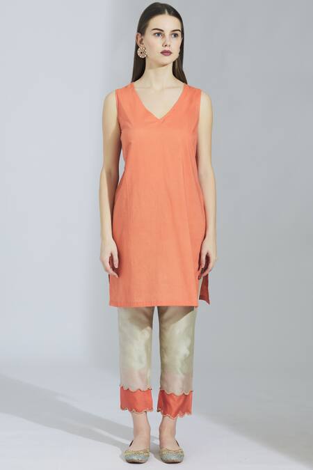 Buy_Poonam Dubey_Orange Chanderi Silk V Neck Kurta Set _Online_at_Aza_Fashions