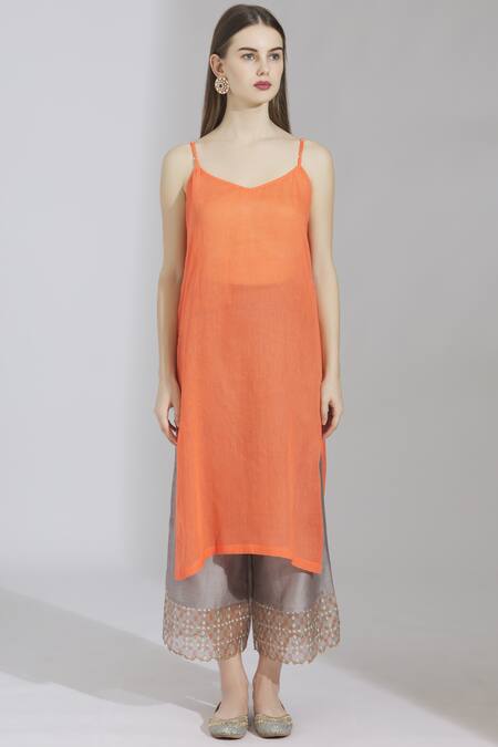 Buy_Poonam Dubey_Orange Chanderi Silk Round Kurta Palazzo Set _Online_at_Aza_Fashions