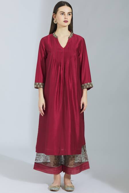 Buy_Poonam Dubey_Maroon Chanderi Silk V Neck Kurta Palazzo Set _Online_at_Aza_Fashions