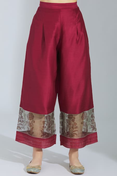 Shop_Poonam Dubey_Maroon Chanderi Silk V Neck Kurta Palazzo Set _Online_at_Aza_Fashions