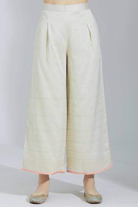 Shop_Poonam Dubey_Peach Chanderi Silk V Neck Kurta Palazzo Set _Online_at_Aza_Fashions