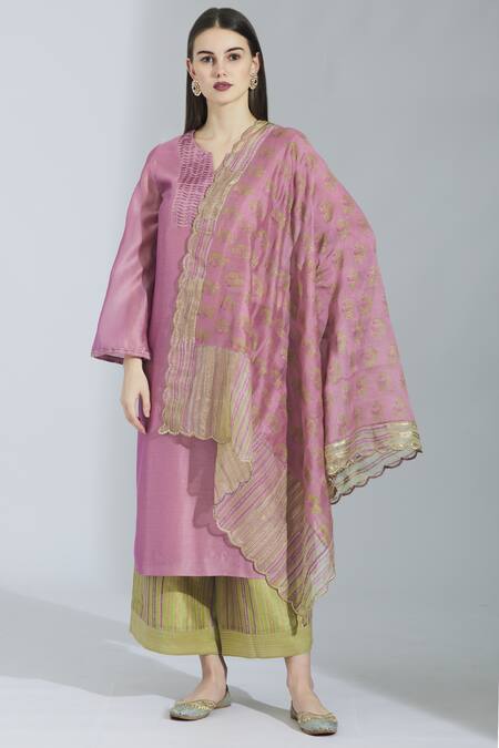Poonam Dubey_Pink Chanderi Silk Round Kurta Set _Online_at_Aza_Fashions