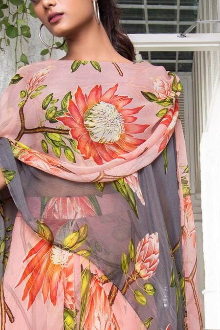 Shop_Nupur Kanoi_Pink Chiffon Boat Floral Print Lehenga Set_at_Aza_Fashions