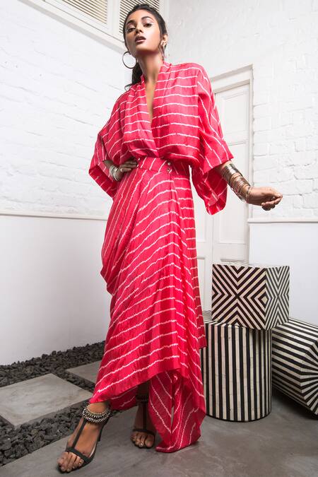 Nupur Kanoi Pink Bandhani Crepe V Neck Kimono Draped Dress Online at Aza Fashions Nupur Kanoi_Pink Bandhani Crepe V Neck Kimono Draped Dress _Online_at_Aza_Fashions