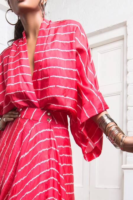 Shop Nupur Kanoi Pink Bandhani Crepe V Neck Kimono Draped Dress at Aza Fashions Shop_Nupur Kanoi_Pink Bandhani Crepe V Neck Kimono Draped Dress _at_Aza_Fashions