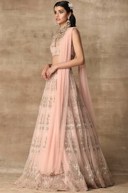 Ridhi Mehra_Pink Net V Neck Embroidered Bridal Lehenga Set _Online_at_Aza_Fashions