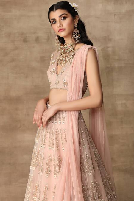 Buy_Ridhi Mehra_Pink Net V Neck Embroidered Bridal Lehenga Set _Online_at_Aza_Fashions