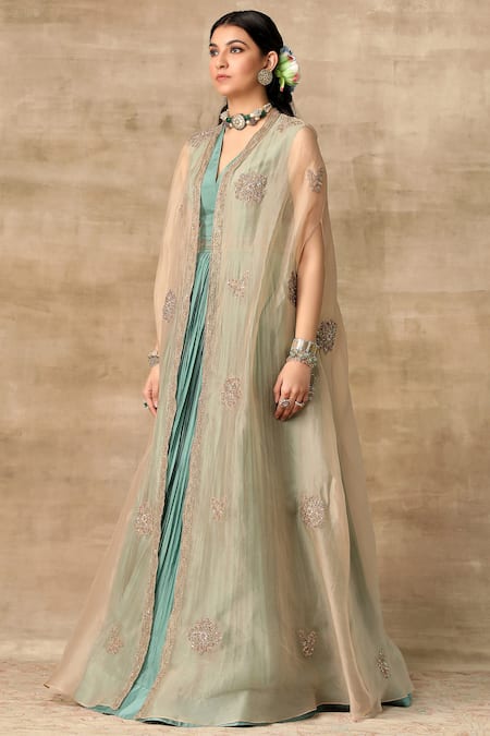 Ridhi Mehra_Blue Silk V Neck Anarkali With Cape  _Online_at_Aza_Fashions
