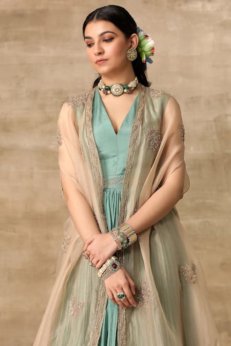 Buy_Ridhi Mehra_Blue Silk V Neck Anarkali With Cape  _Online_at_Aza_Fashions