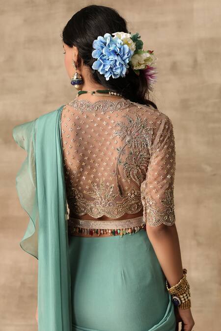 Shop_Ridhi Mehra_Blue Net V Neck Pre-draped Saree With Blouse  _Online_at_Aza_Fashions