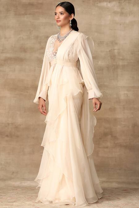 Buy_Ridhi Mehra_White Organza, Net, Chiffon Round Pre-draped Saree With Blouse _Online_at_Aza_Fashions