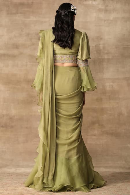 Shop_Ridhi Mehra_Green Silk, Organza, Chiffon V Neck Pre-draped Saree With Blouse _at_Aza_Fashions