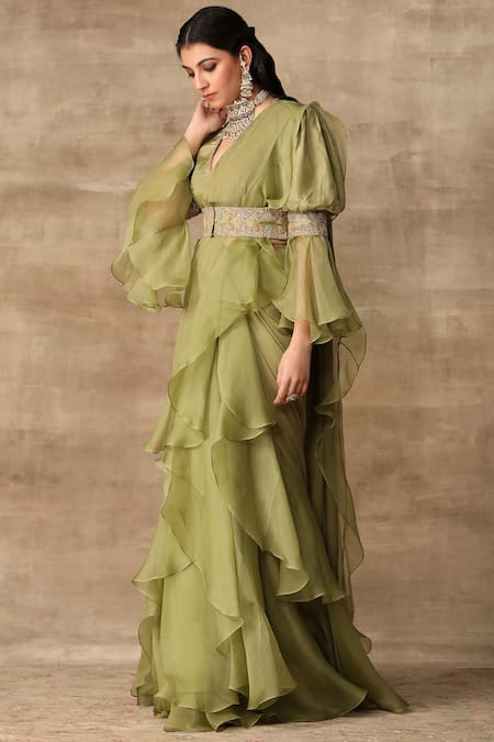 Ridhi Mehra_Green Silk, Organza, Chiffon V Neck Pre-draped Saree With Blouse _Online_at_Aza_Fashions