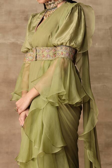 Buy_Ridhi Mehra_Green Silk, Organza, Chiffon V Neck Pre-draped Saree With Blouse _Online_at_Aza_Fashions