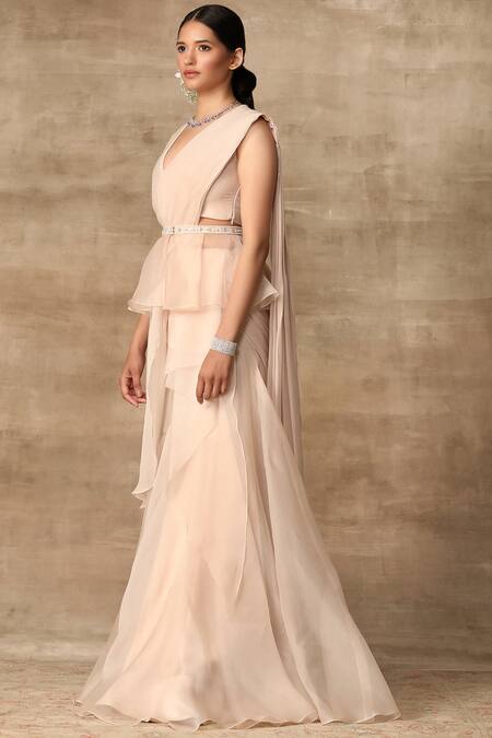 Ridhi Mehra_White Organza V Neck Pre-draped Saree With Blouse  _Online_at_Aza_Fashions