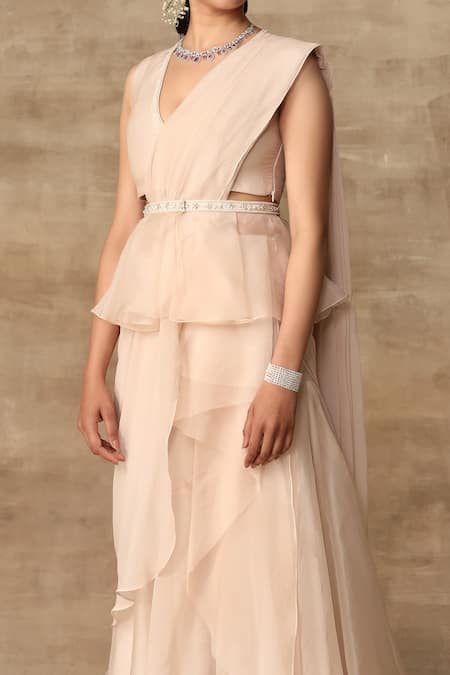 Buy_Ridhi Mehra_White Organza V Neck Pre-draped Saree With Blouse  _Online_at_Aza_Fashions