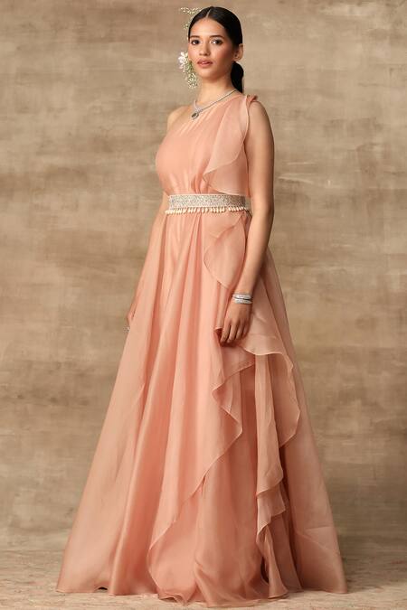 Ridhi Mehra_Peach Organza Asymmetric Ruffle One Shoulder Jumpsuit _Online_at_Aza_Fashions