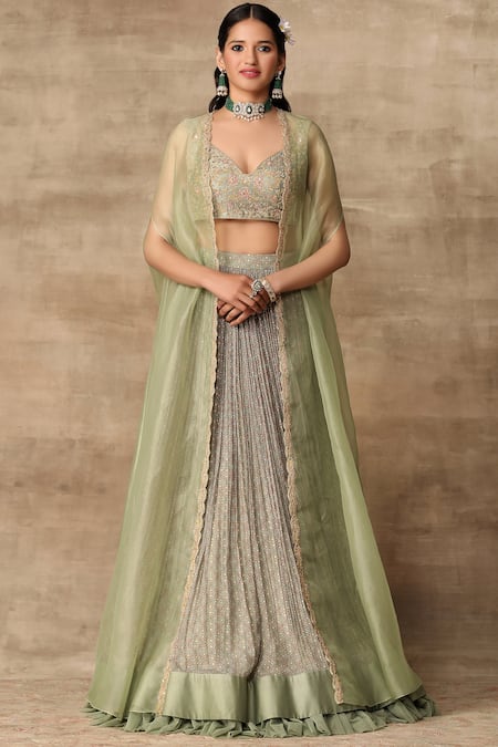 Ridhi Mehra Green Chiffon Leaf Neck Embroidered Cape Lehenga Set 