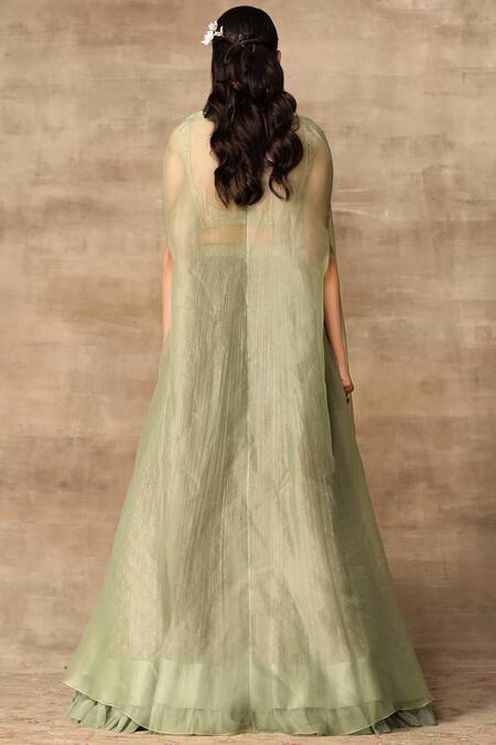 Shop_Ridhi Mehra_Green Chiffon Leaf Neck Embroidered Cape Lehenga Set _at_Aza_Fashions