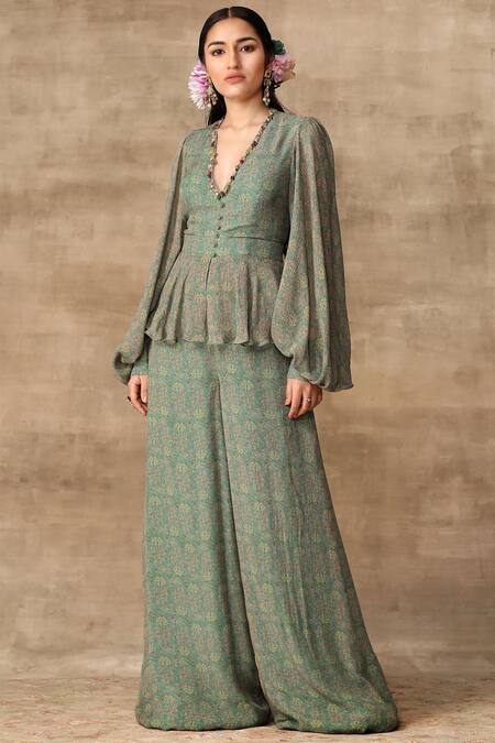 Ridhi Mehra_Green Chiffon V Neck Printed Peplum Jumpsuit  _Online_at_Aza_Fashions