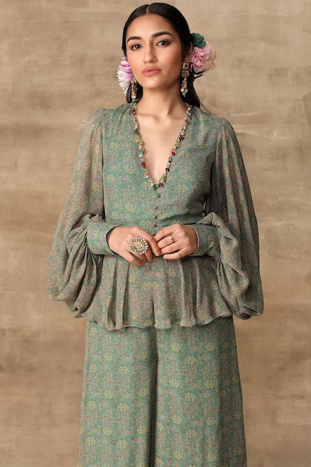 Buy_Ridhi Mehra_Green Chiffon V Neck Printed Peplum Jumpsuit  _Online_at_Aza_Fashions