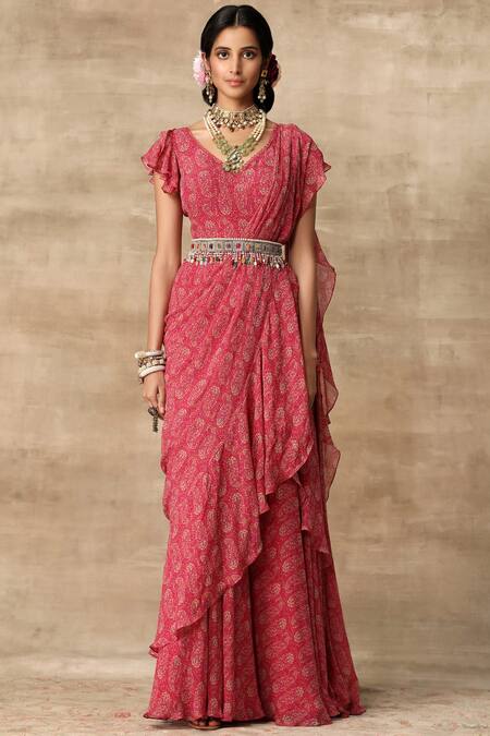 Ridhi Mehra_Pink Chiffon V Neck Pre-draped Saree Gown _Online_at_Aza_Fashions
