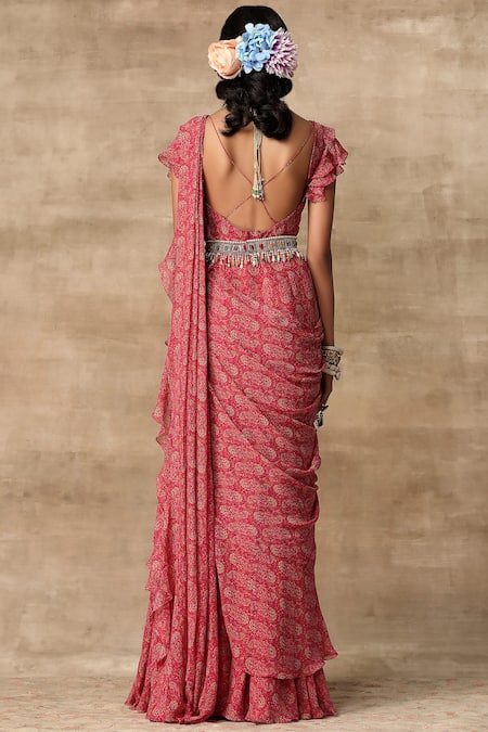 Shop_Ridhi Mehra_Pink Chiffon V Neck Pre-draped Saree Gown _at_Aza_Fashions