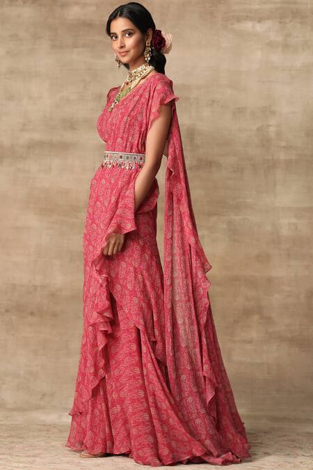 Buy_Ridhi Mehra_Pink Chiffon V Neck Pre-draped Saree Gown _Online_at_Aza_Fashions
