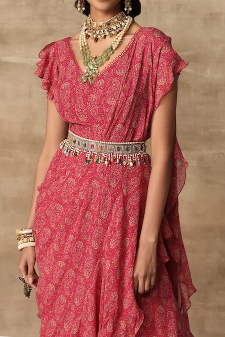 Shop_Ridhi Mehra_Pink Chiffon V Neck Pre-draped Saree Gown _Online_at_Aza_Fashions