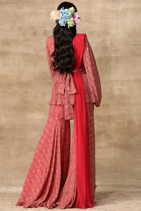 Shop Ridhi Mehra Red Chiffon V Neck Printed Kurta Sharara Set at Aza Fashions Shop_Ridhi Mehra_Red Chiffon V Neck Printed Kurta Sharara Set _at_Aza_Fashions