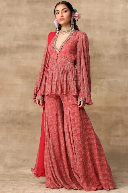 Ridhi Mehra Red Chiffon V Neck Printed Kurta Sharara Set Online at Aza Fashions Ridhi Mehra_Red Chiffon V Neck Printed Kurta Sharara Set _Online_at_Aza_Fashions