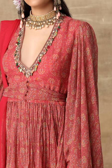 Buy Ridhi Mehra Red Chiffon V Neck Printed Kurta Sharara Set Online at Aza Fashions Buy_Ridhi Mehra_Red Chiffon V Neck Printed Kurta Sharara Set _Online_at_Aza_Fashions