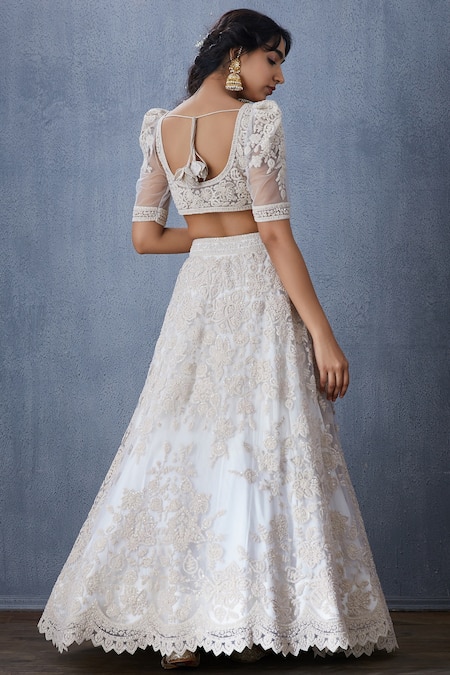 Shop_Torani_White Tulle Sweetheart Neck Embroidered Bridal Lehenga Set _at_Aza_Fashions