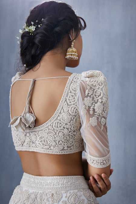 Shop_Torani_White Tulle Sweetheart Neck Embroidered Bridal Lehenga Set _Online_at_Aza_Fashions