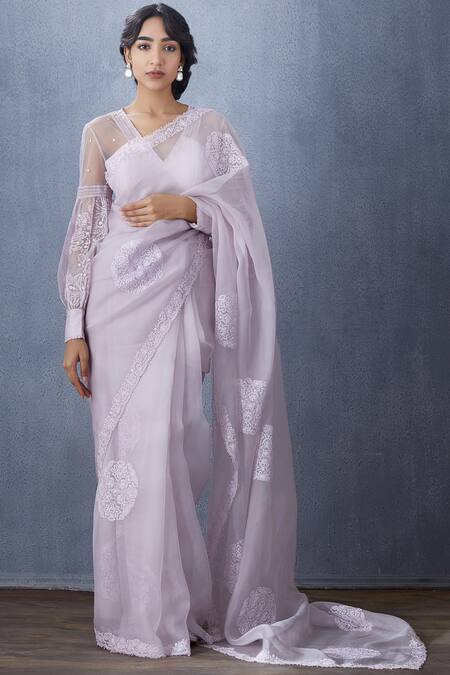 Torani Purple Tulle, Chanderi V Neck Handwoven Blouse Online at Aza Fashions Torani_Purple Tulle, Chanderi V Neck Handwoven Blouse_Online_at_Aza_Fashions