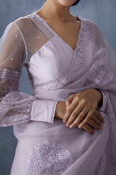 Buy Torani Purple Tulle, Chanderi V Neck Handwoven Blouse Online at Aza Fashions Buy_Torani_Purple Tulle, Chanderi V Neck Handwoven Blouse_Online_at_Aza_Fashions