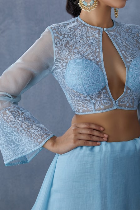 Buy_Torani_Blue Organza Keyhole Aasmani Anahita Blouse _Online_at_Aza_Fashions